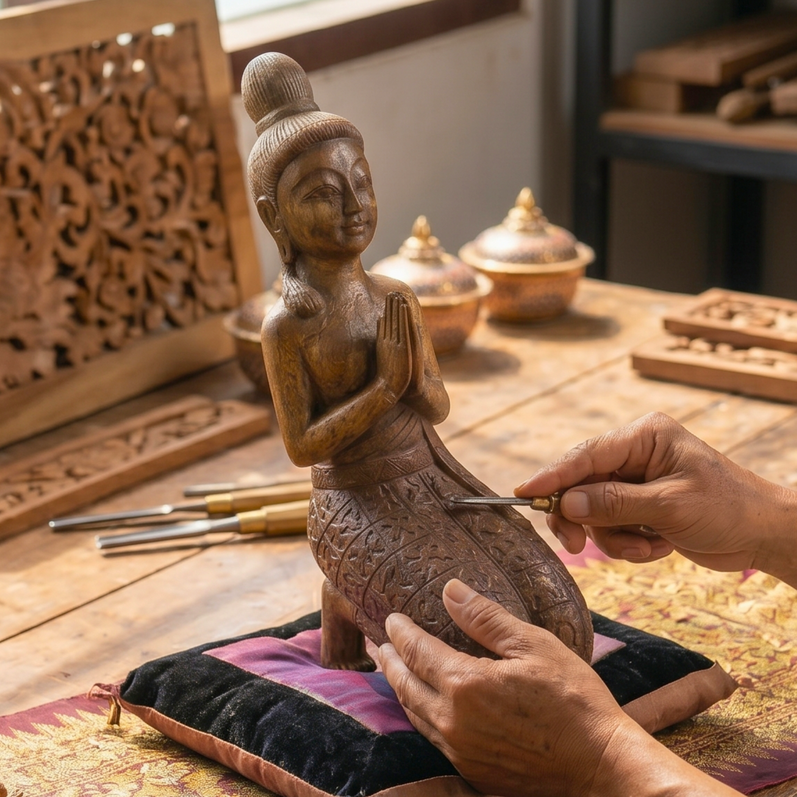 Acacia Wood Kneeling Lady, 16 Inch Wai Greeting Sculpture, Housewarming Gift for Minimalist - Siam Wood Artisans