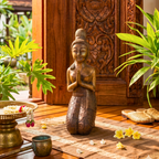 Acacia Wood Kneeling Lady, 16 Inch Wai Greeting Sculpture, Housewarming Gift for Minimalist - Siam Wood Artisans