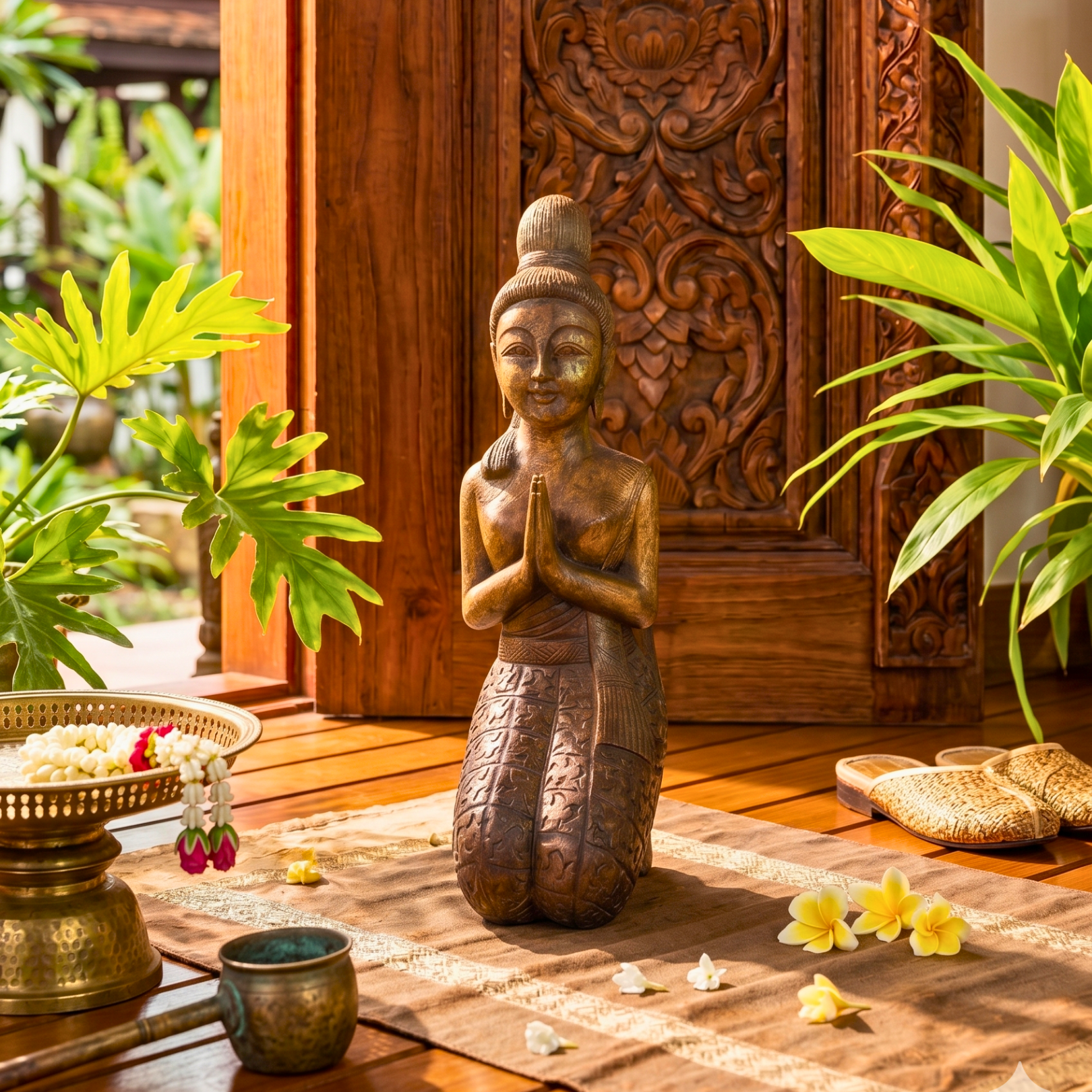 Acacia Wood Kneeling Lady, 16 Inch Wai Greeting Sculpture, Housewarming Gift for Minimalist - Siam Wood Artisans