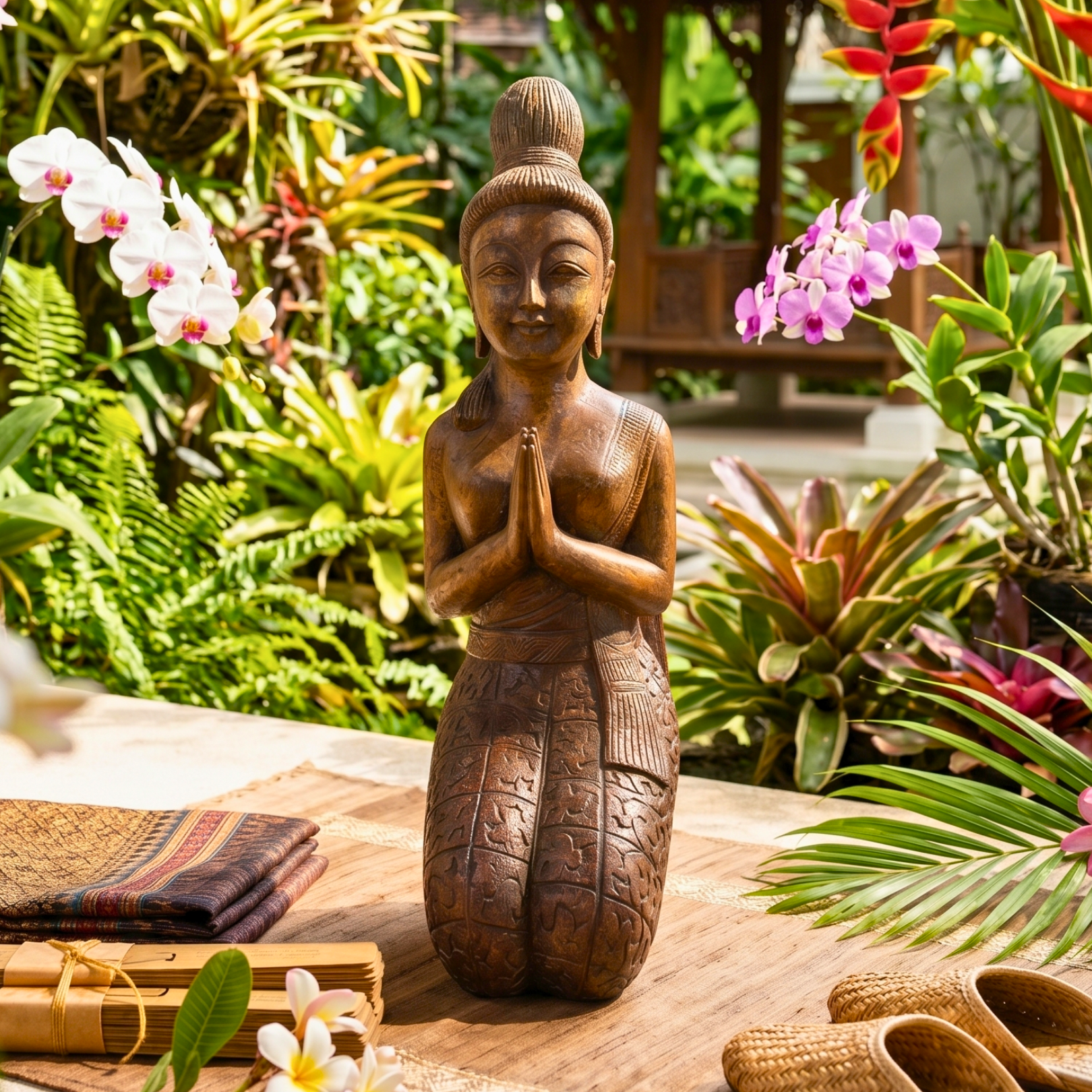 Acacia Wood Kneeling Lady, 16 Inch Wai Greeting Sculpture, Housewarming Gift for Minimalist - Siam Wood Artisans