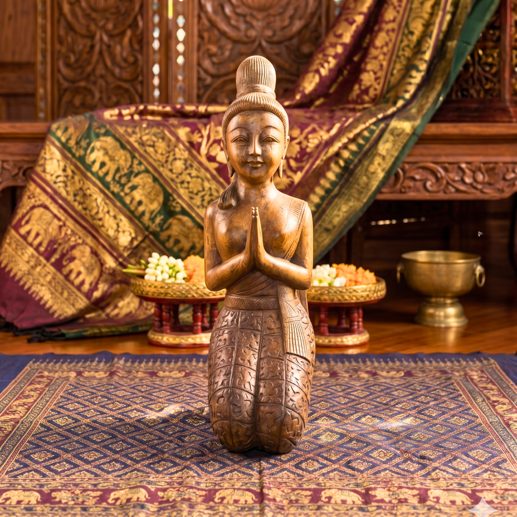 Acacia Wood Kneeling Lady, 16 Inch Wai Greeting Sculpture, Housewarming Gift for Minimalist - Siam Wood Artisans