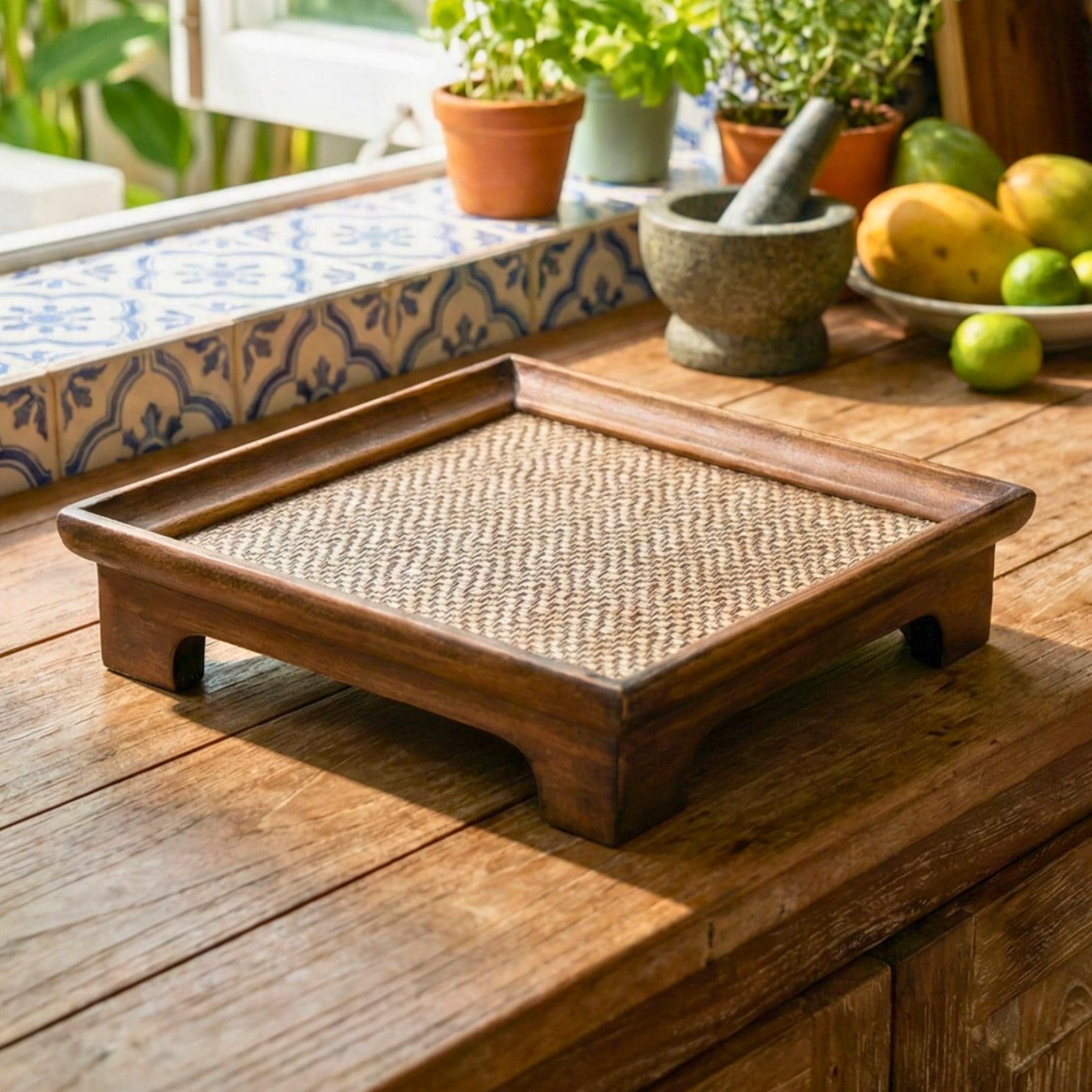 Handcrafted Hardwood Serving Tray: Bamboo Woven Riser for Tea & Teaware, Square