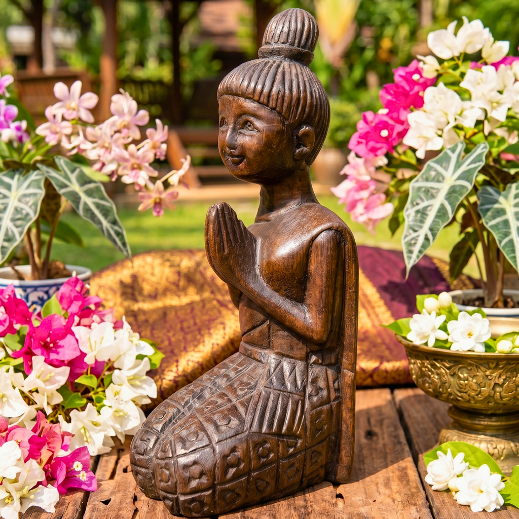 Acacia Wood Kneeling Lady, 16 Inch Wai Greeting Sculpture, Housewarming Gift for Minimalist - Siam Wood Artisans