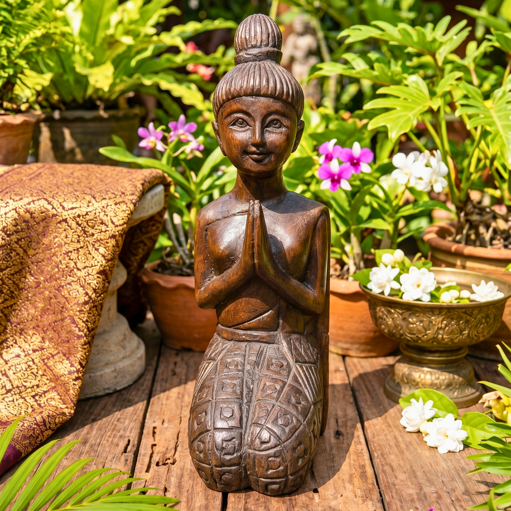 Acacia Wood Kneeling Lady, 16 Inch Wai Greeting Sculpture, Housewarming Gift for Minimalist - Siam Wood Artisans