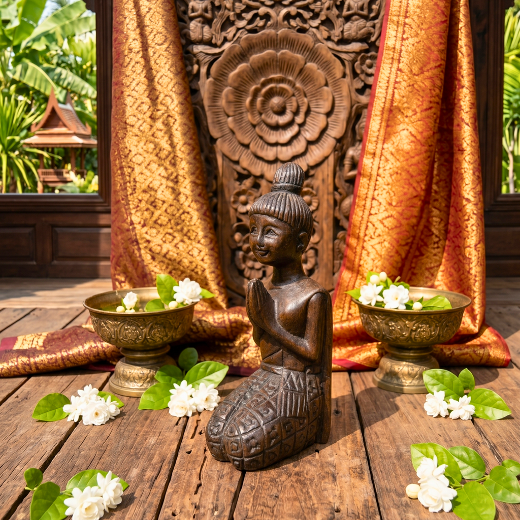 Acacia Wood Kneeling Lady, 16 Inch Wai Greeting Sculpture, Housewarming Gift for Minimalist - Siam Wood Artisans