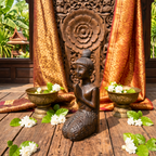 Acacia Wood Kneeling Lady, 16 Inch Wai Greeting Sculpture, Housewarming Gift for Minimalist - Siam Wood Artisans