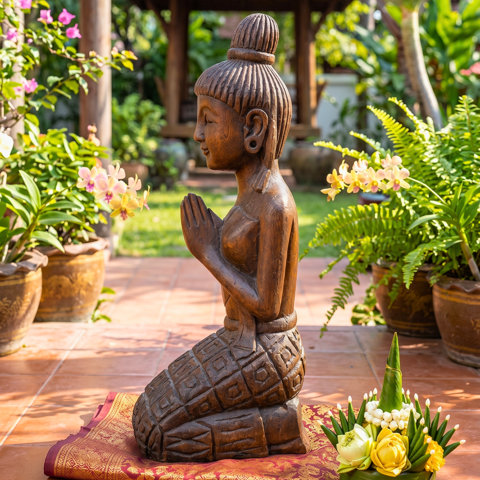 Acacia Wood Kneeling Lady, 16 Inch Wai Greeting Sculpture, Housewarming Gift for Minimalist - Siam Wood Artisans