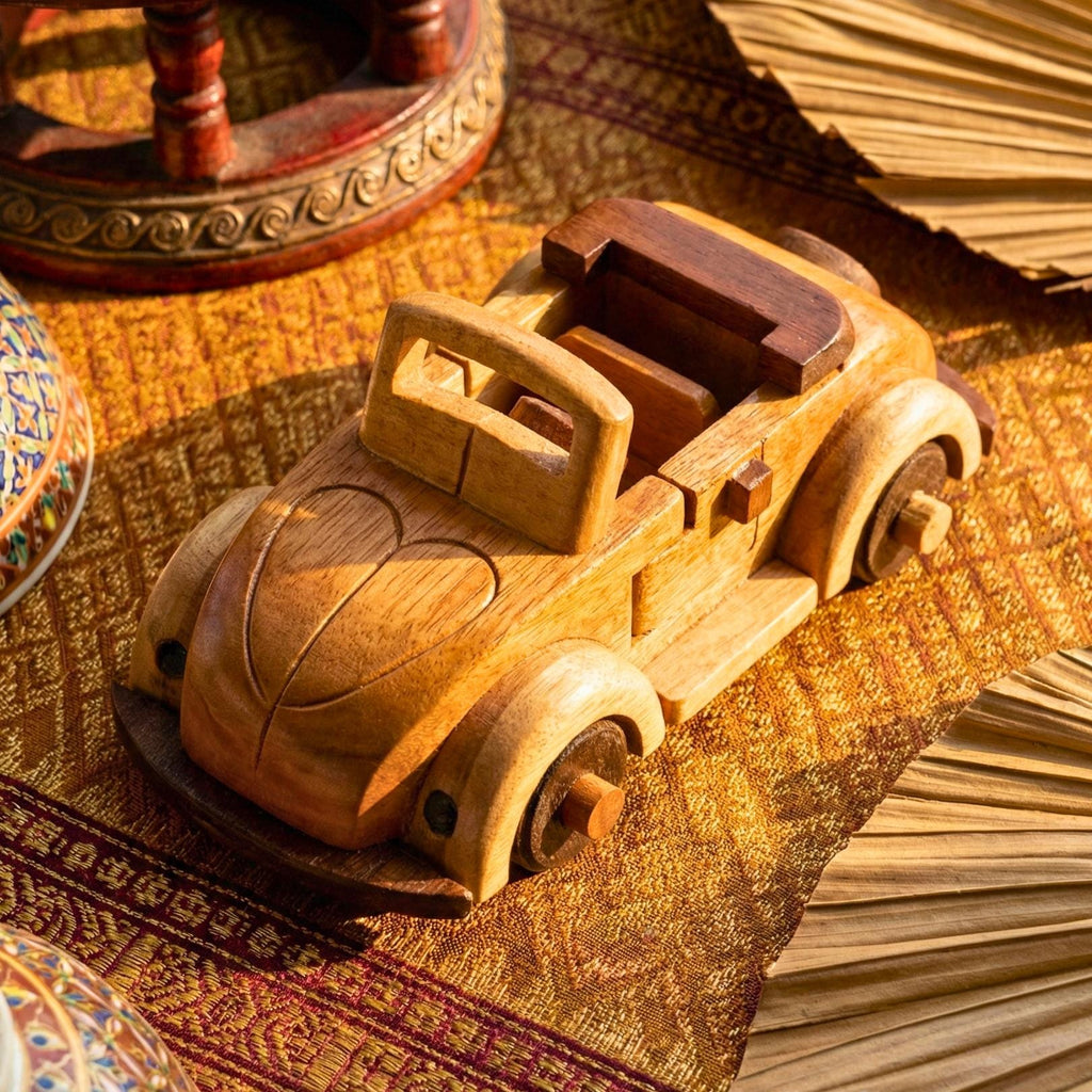 Hand Carved Wood Model Beetle Car: Vintage Automobile Desk Decor