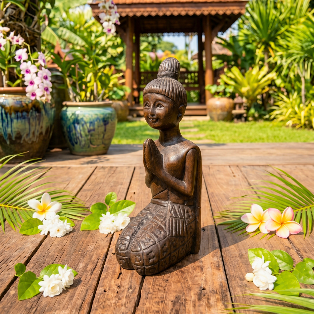 Acacia Wood Kneeling Lady, 16 Inch Wai Greeting Sculpture, Housewarming Gift for Minimalist - Siam Wood Artisans