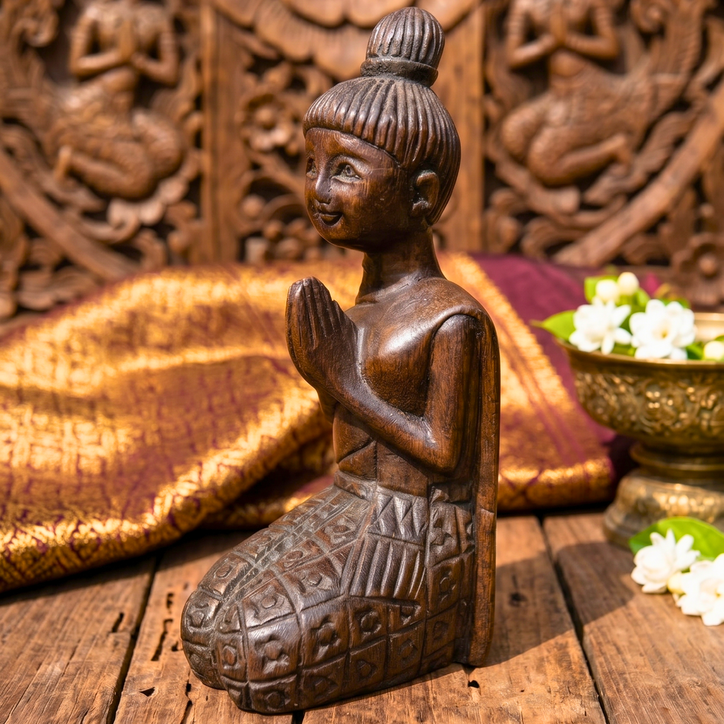 Acacia Wood Kneeling Lady, 16 Inch Wai Greeting Sculpture, Housewarming Gift for Minimalist - Siam Wood Artisans