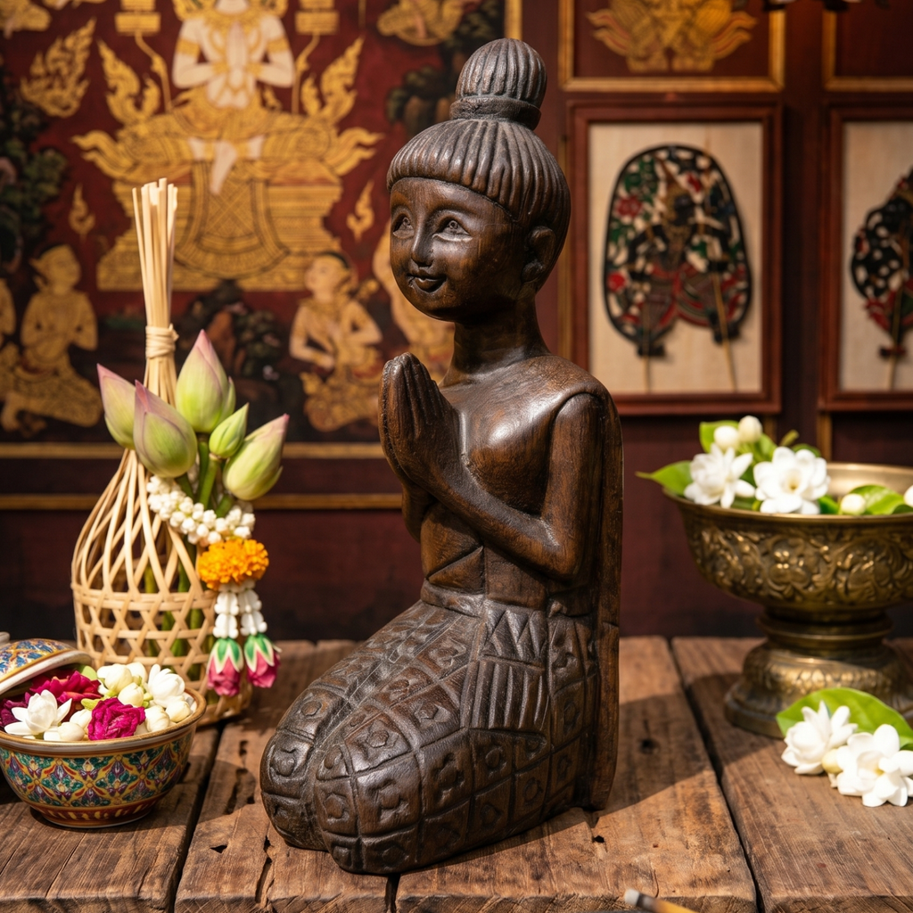 Acacia Wood Kneeling Lady, 16 Inch Wai Greeting Sculpture, Housewarming Gift for Minimalist - Siam Wood Artisans