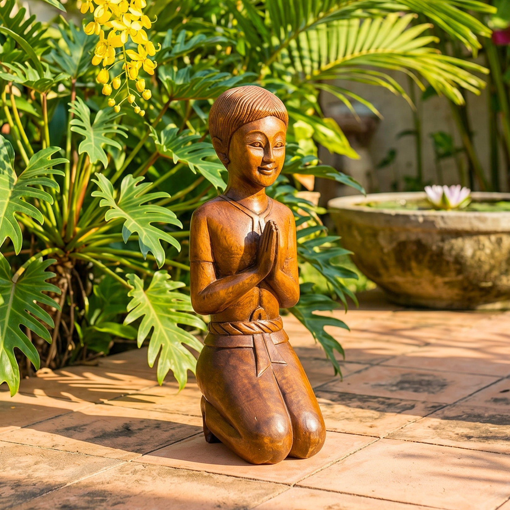 Acacia Wood Thai Gentleman, 16 Inch Mudra Greeting Sculpture, Cultural Gift for Art Collector - Siam Wood Artisans