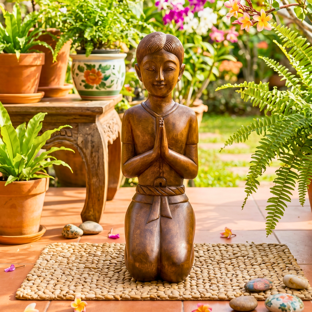 Acacia Wood Thai Gentleman, 16 Inch Mudra Greeting Sculpture, Cultural Gift for Art Collector - Siam Wood Artisans