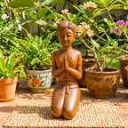 Acacia Wood Greeting Couple, 16 Inch Wai Statue Set, Housewarming Gift for Minimalist - Siam Wood Artisans