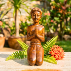 Acacia Wood Greeting Couple, 16 Inch Wai Statue Set, Housewarming Gift for Minimalist - Siam Wood Artisans