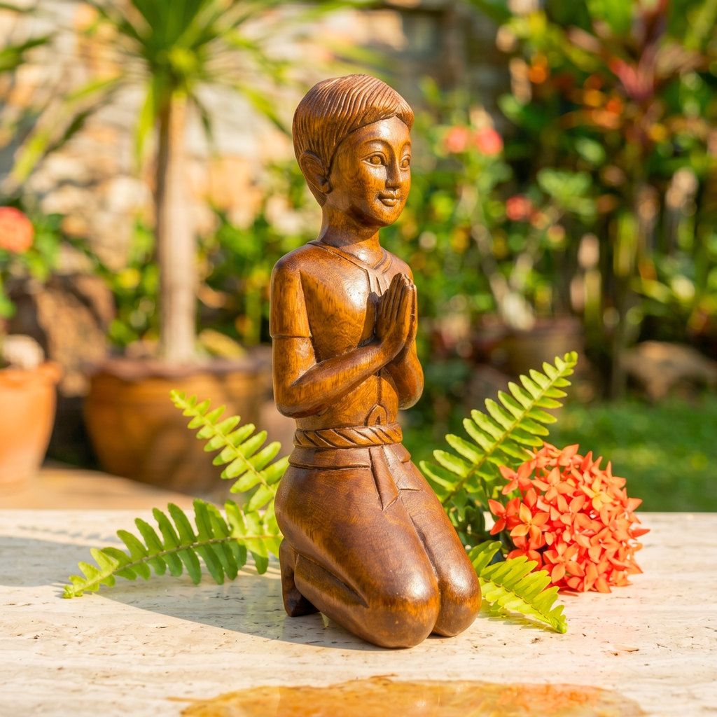 Acacia Wood Thai Gentleman, 16 Inch Mudra Greeting Sculpture, Cultural Gift for Art Collector - Siam Wood Artisans