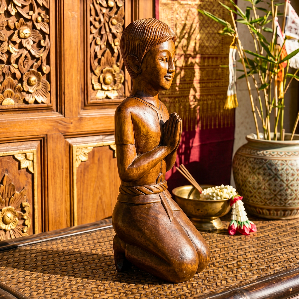 Acacia Wood Thai Gentleman, 16 Inch Mudra Greeting Sculpture, Cultural Gift for Art Collector - Siam Wood Artisans