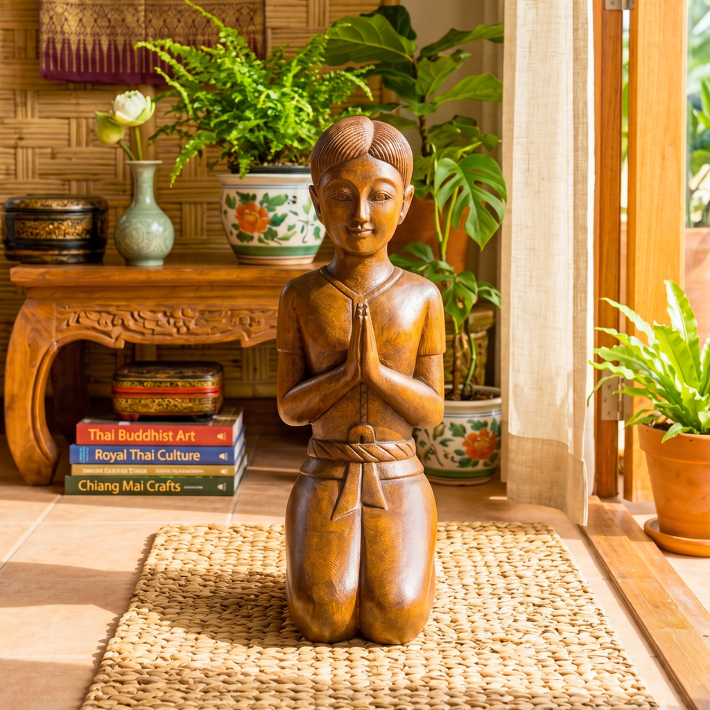 Acacia Wood Thai Gentleman, 16 Inch Mudra Greeting Sculpture, Cultural Gift for Art Collector - Siam Wood Artisans