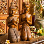 Acacia Wood Greeting Couple, 16 Inch Wai Statue Set, Housewarming Gift for Minimalist - Siam Wood Artisans