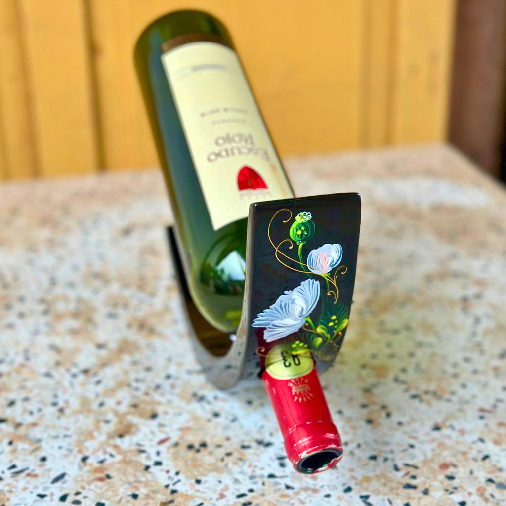 Hand-Painted Balancing Wine Holder, Unique Acacia Wood Stand, White Lily Design, Wine Lover Gift