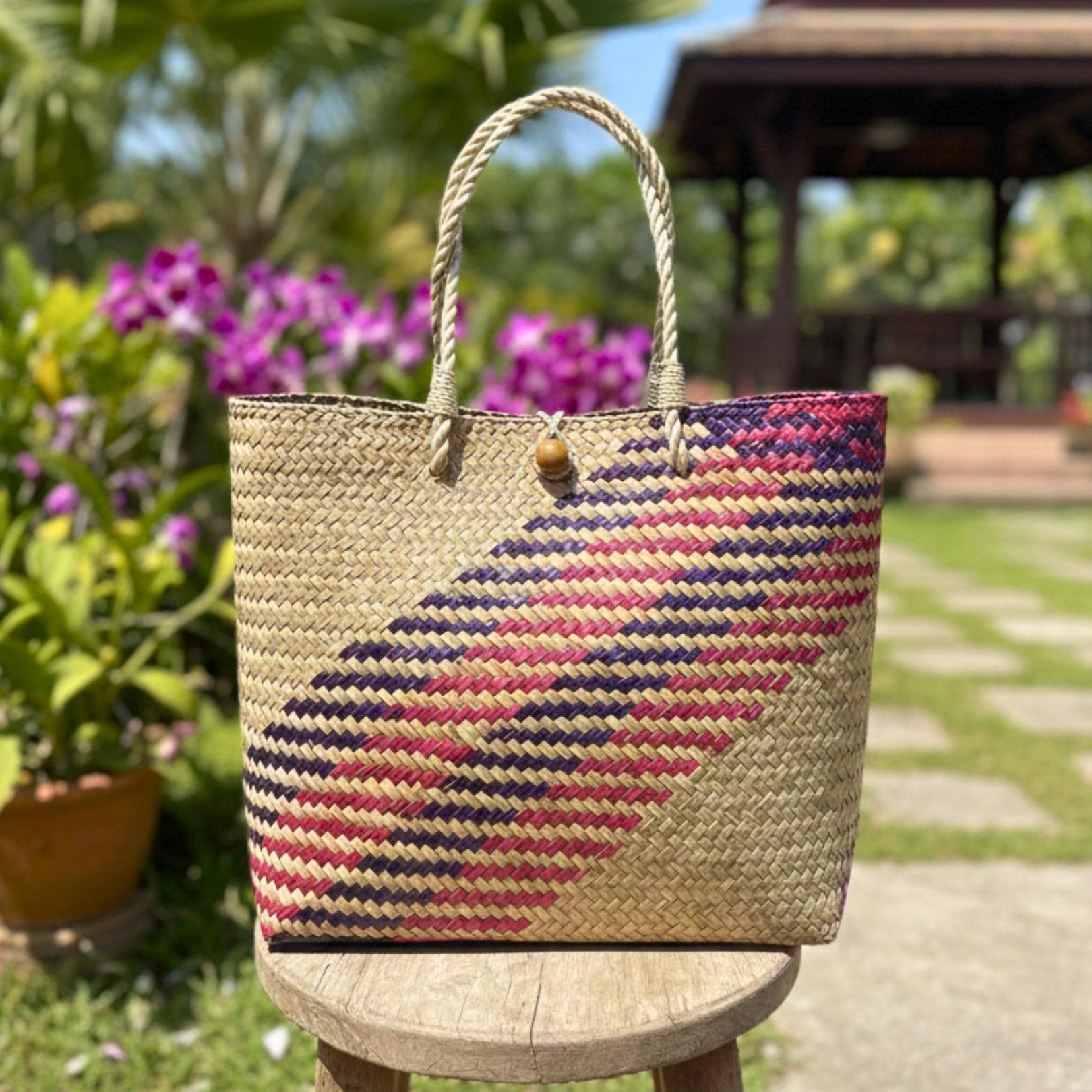 Hand Woven Rattan Market Bag: Large Boho Wicker Tote with Geometric Pattern