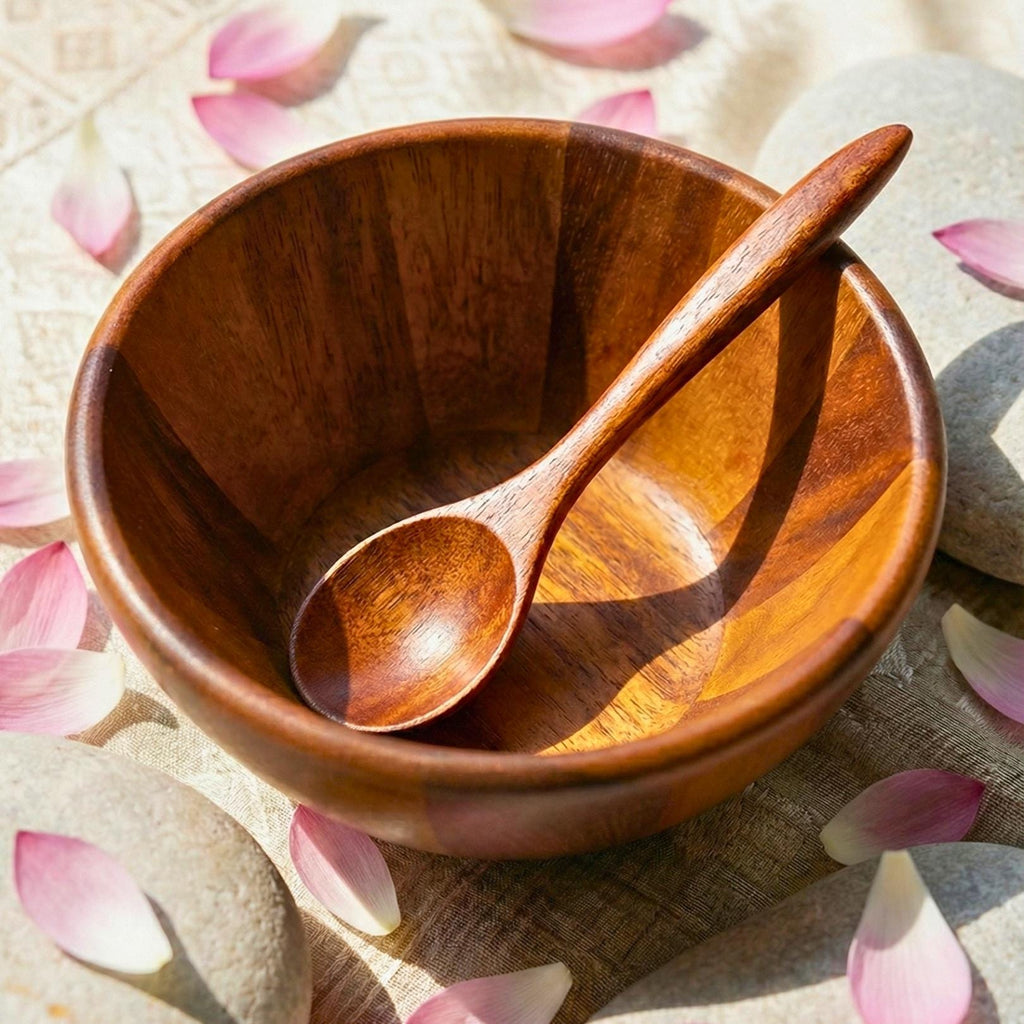 Hand Carved Acacia Wood Bowl & Spoon Set: Rustic Cereal and Soup Bowl