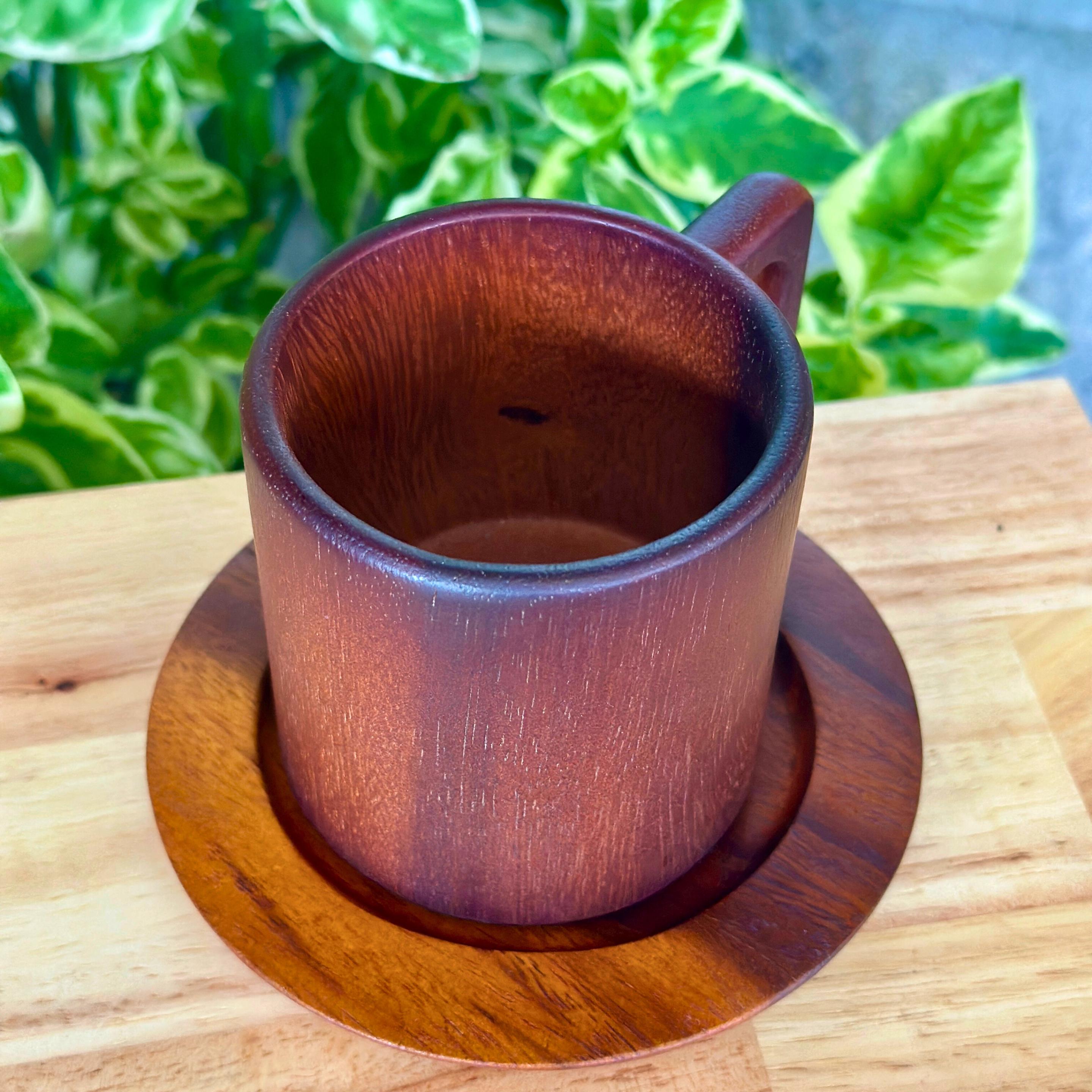 Hand Carved Wood Coffee Mug and Saucer Set: Rustic Teak Wood Teaware