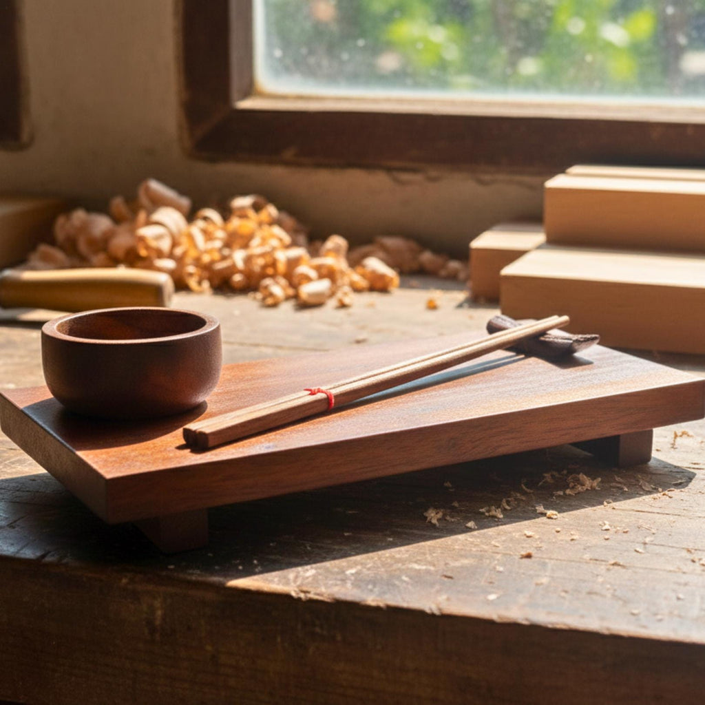 Hand Carved Wood Sushi Serving Platter: Warm Tone Asian Fusion Tableware