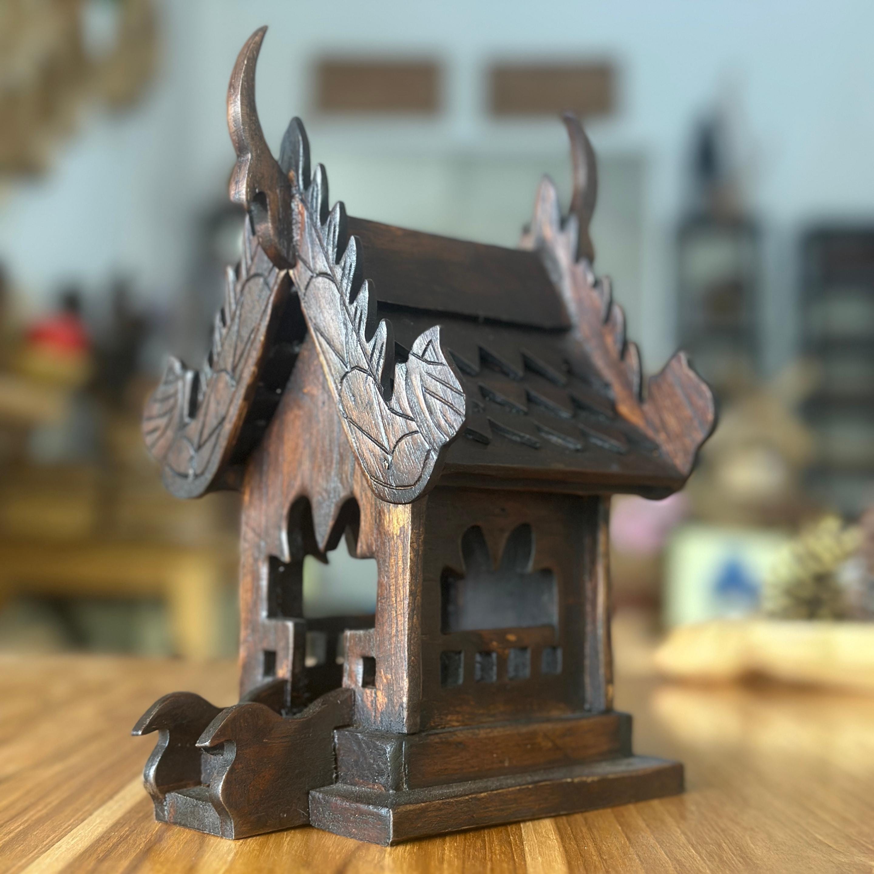 Hand Carved Teak Wood Spirit House Shrine: Traditional Thai Home Temple Decor