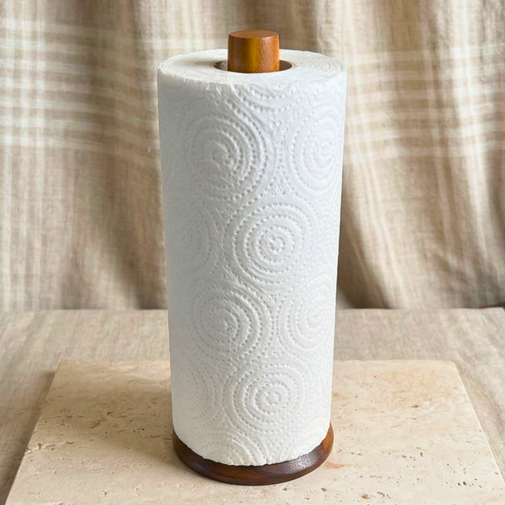 Handmade Acacia Wood Paper Towel Holder: Vertical Kitchen Tissue Stand - Siam Wood Artisans