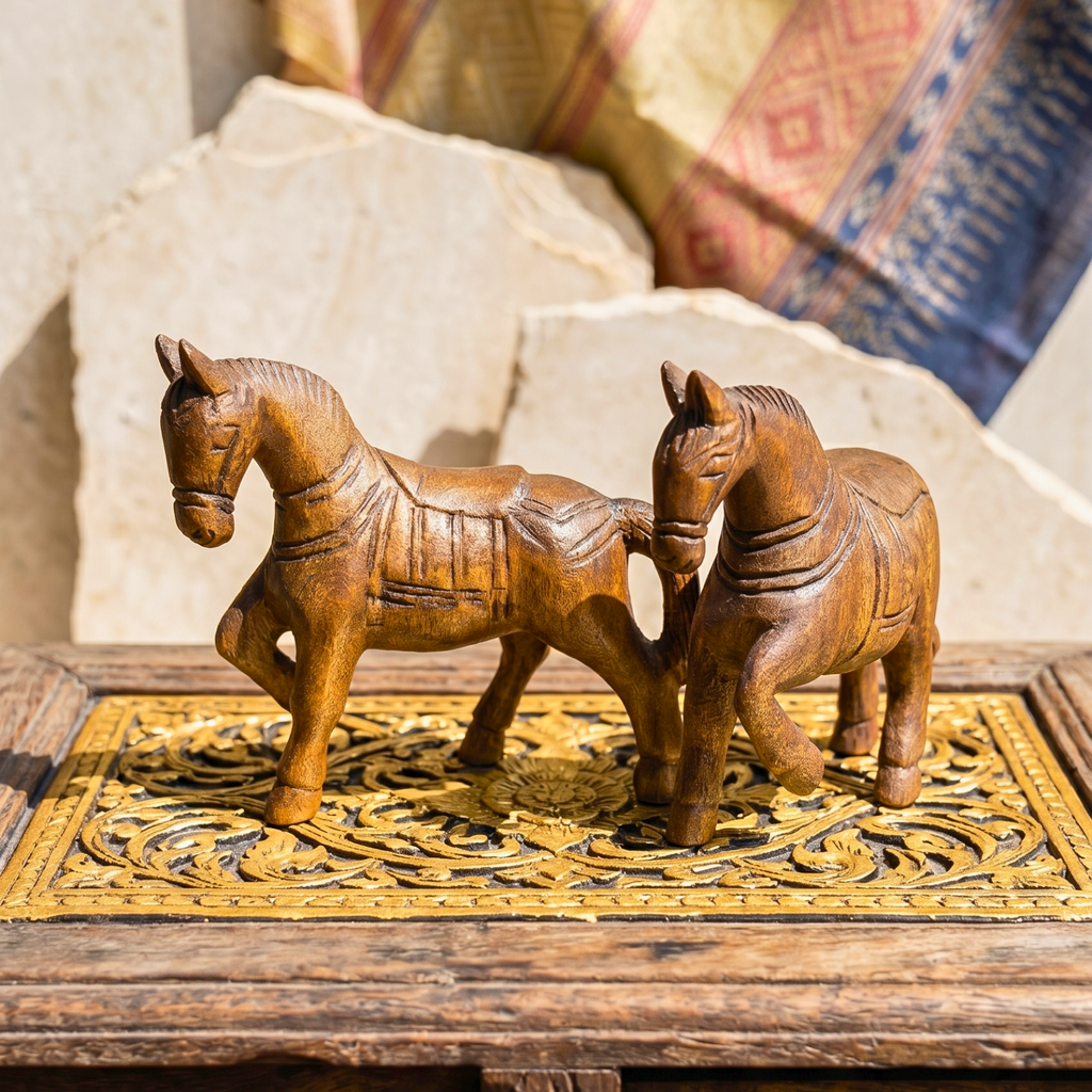 Teak Wood Horse, 4 Inch Miniature Sculpture Set, Housewarming Gift for Minimalist - Siam Wood Artisans