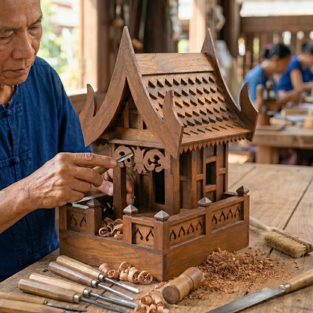 Teak Wood Spirit House, 19 Inch Grand Architectural Model, Authentic Zen Home Sanctuary