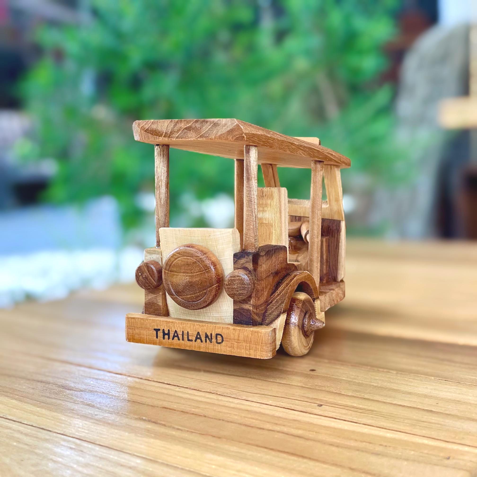 Classic Wooden Tuk Tuk Decor Hand Carved Wood Car Model Thai Gift (M)