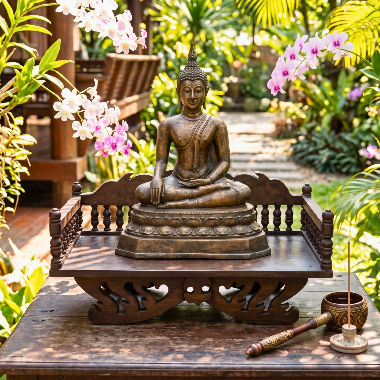 Handcrafted Teak Wood Spiritual Altar, 16 Inch Mudra Display Stand, Housewarming Gift for Minimalist