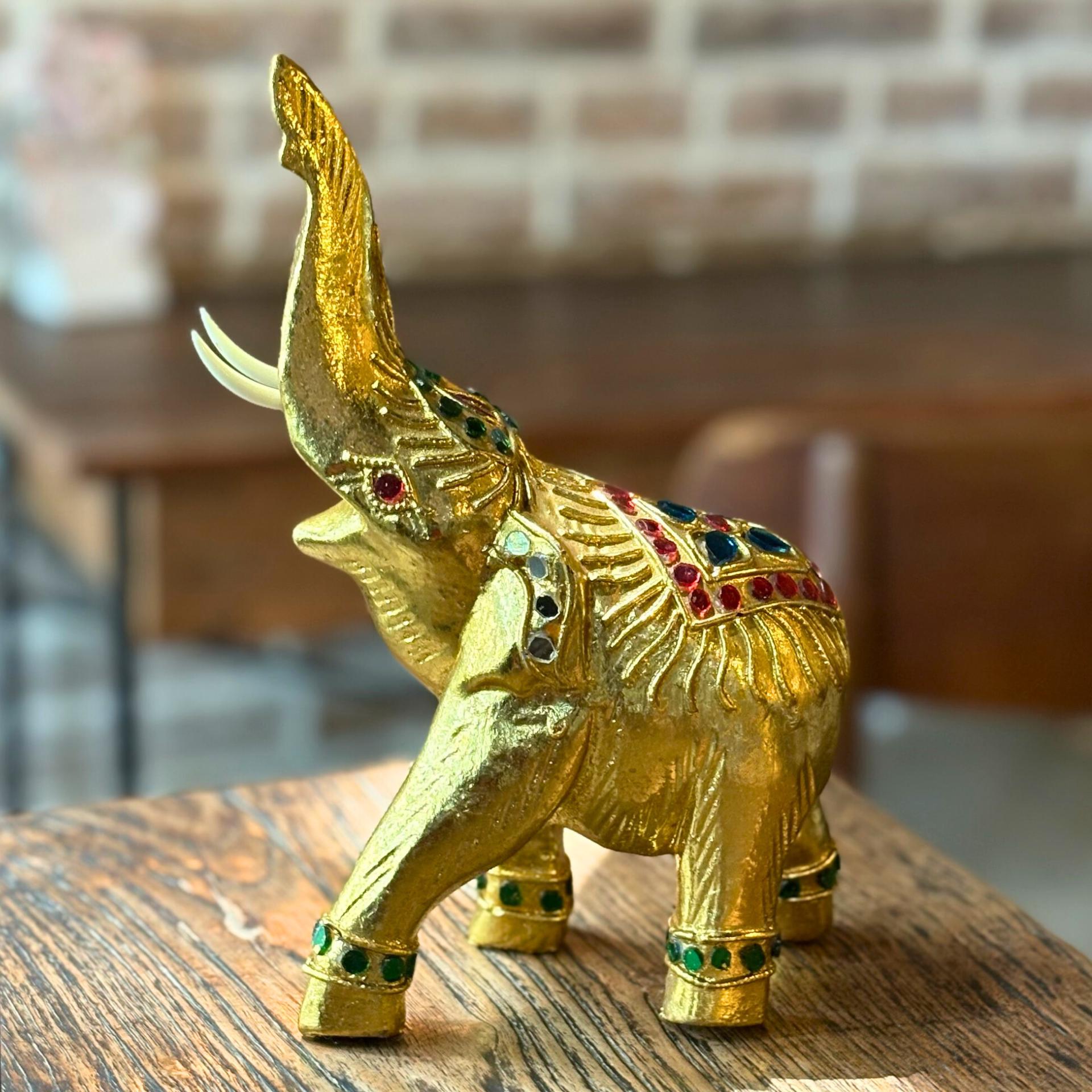 Golden Elephant Figurine, Thai Handcrafted Decor: Jeweled Lucky Elephant Statue, Cultural Home Accent