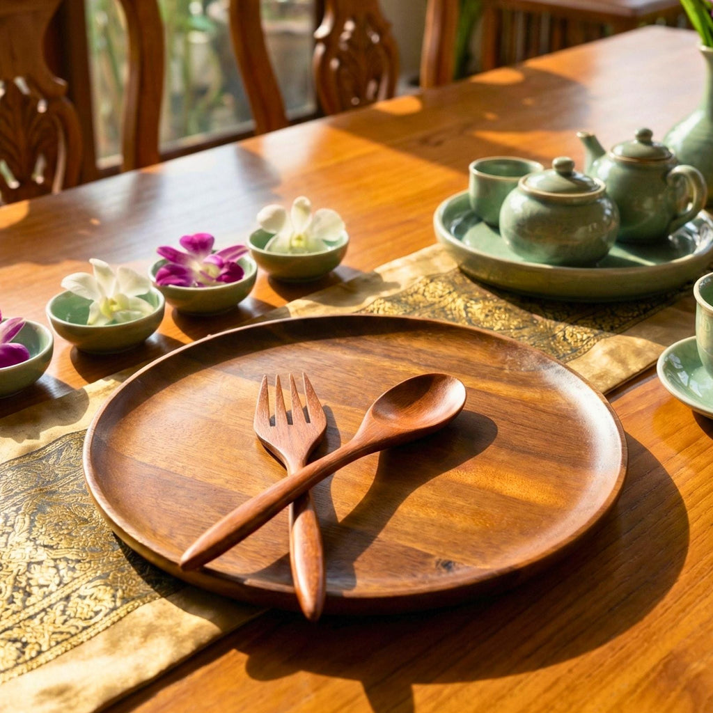 Hand Carved Upcycled Teak Wood Dinnerware Set: Rustic Plate, Fork & Spoon Trio