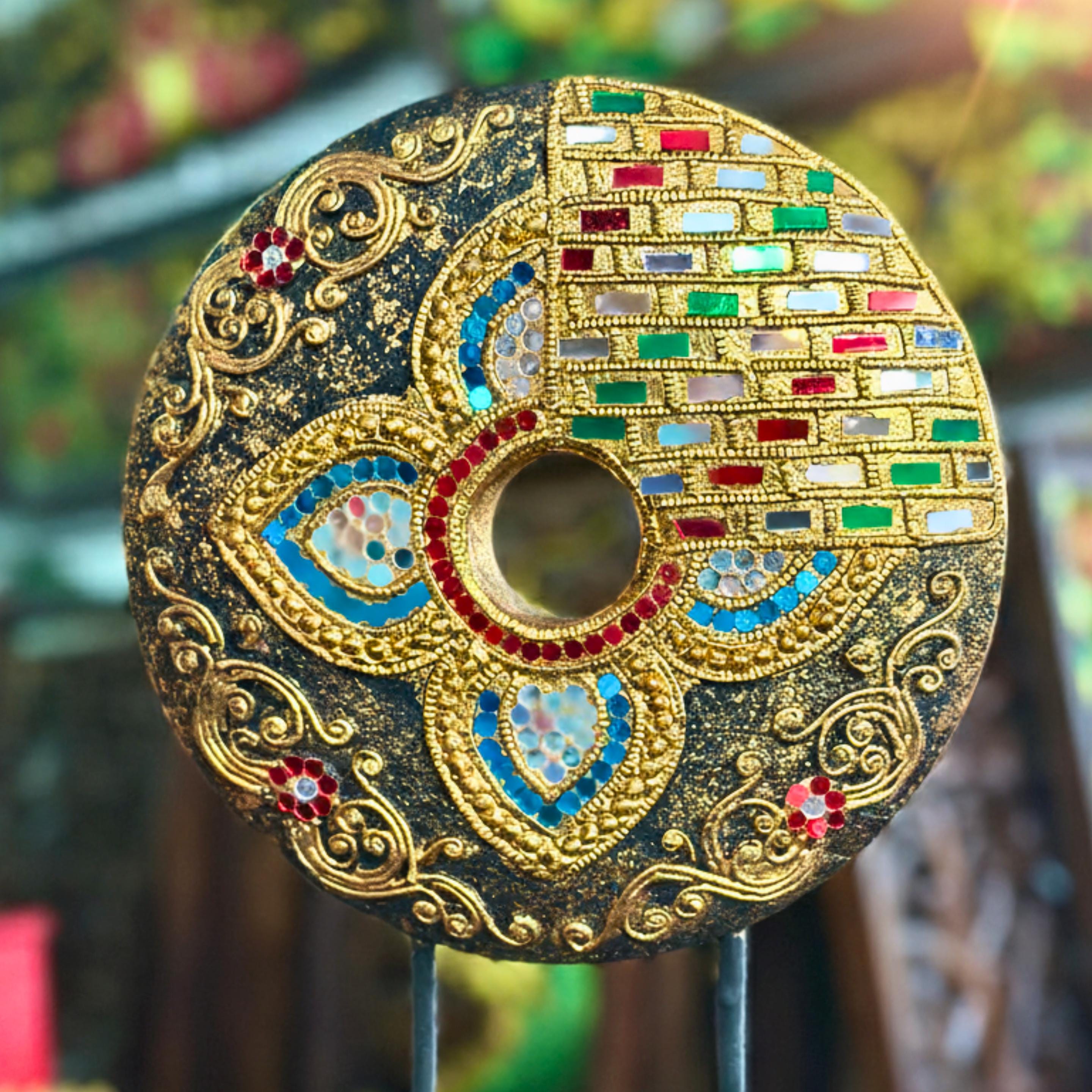Handcrafted Mandala Disc on Stand (Floral): Thai Wood Sculpture Zen Decor