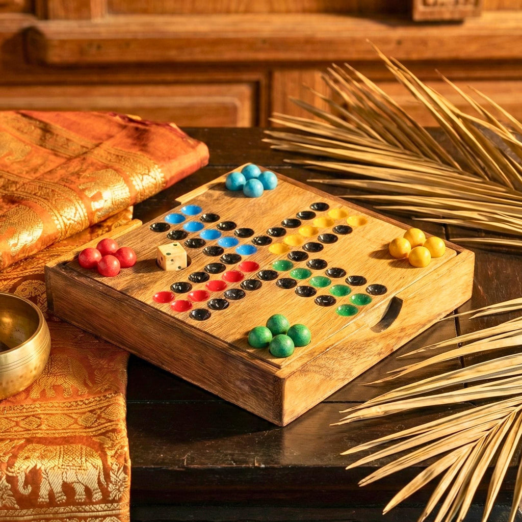 Handmade Acacia Wood Ludo Set with Wooden Marbles: 4 Player Traditional Game