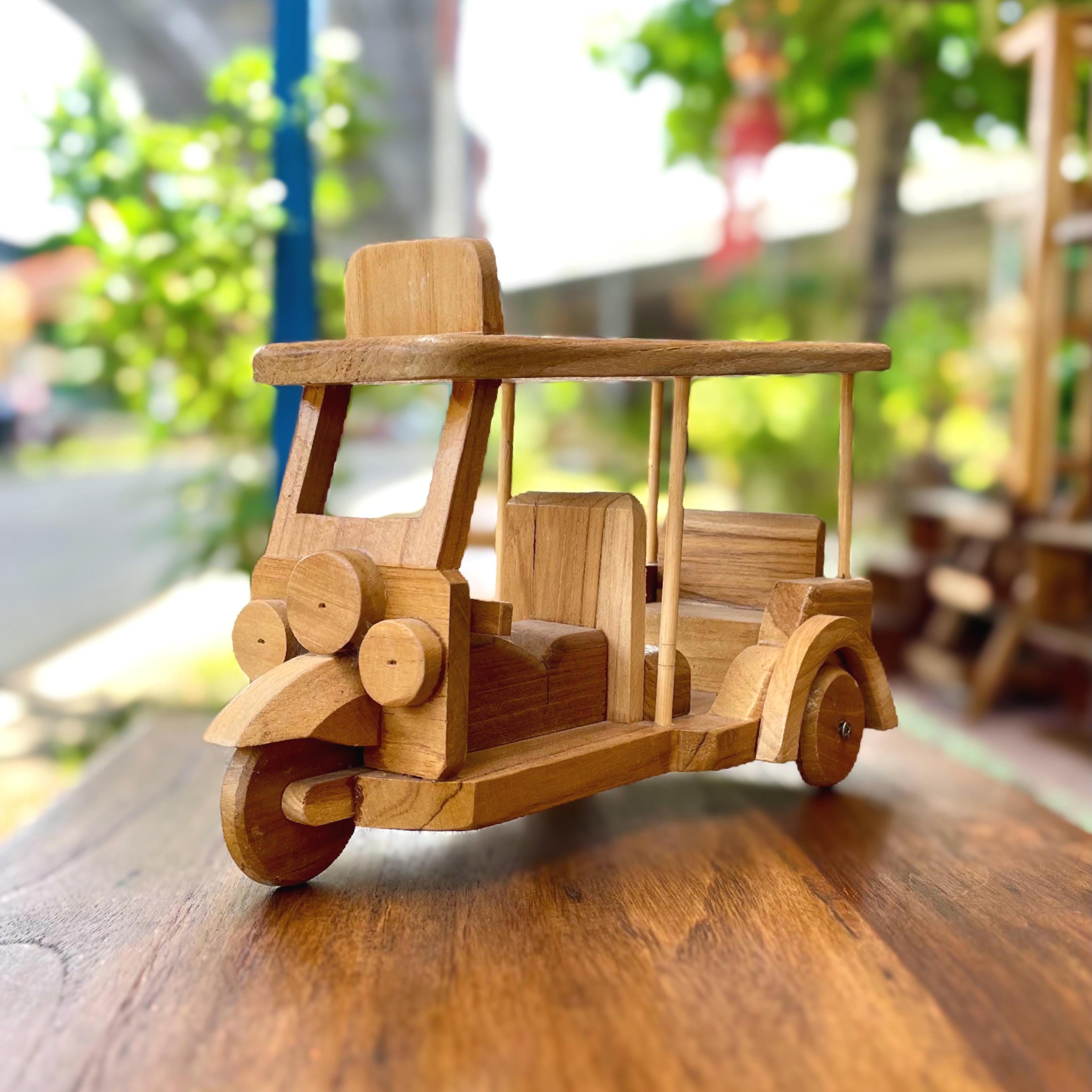 Large Wooden Tuk Tuk Sculpture Carved Wood Thai Folk Art Decor Handcrafted Gift