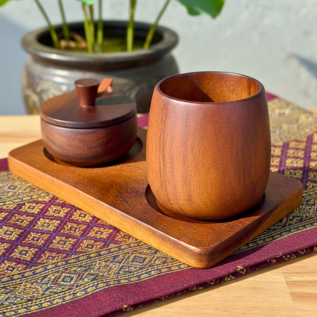 Hand Carved Wood Sugar Bowl & Tumbler Set: Coffee Bar Serving Tray