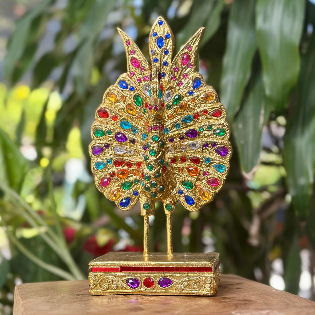 Jeweled Golden Peacock Figurine: Ornate Thai Home Decor