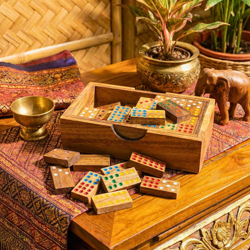 Hand Carved Acacia Wood Dominoes Set: Traditional Tabletop Game Toy