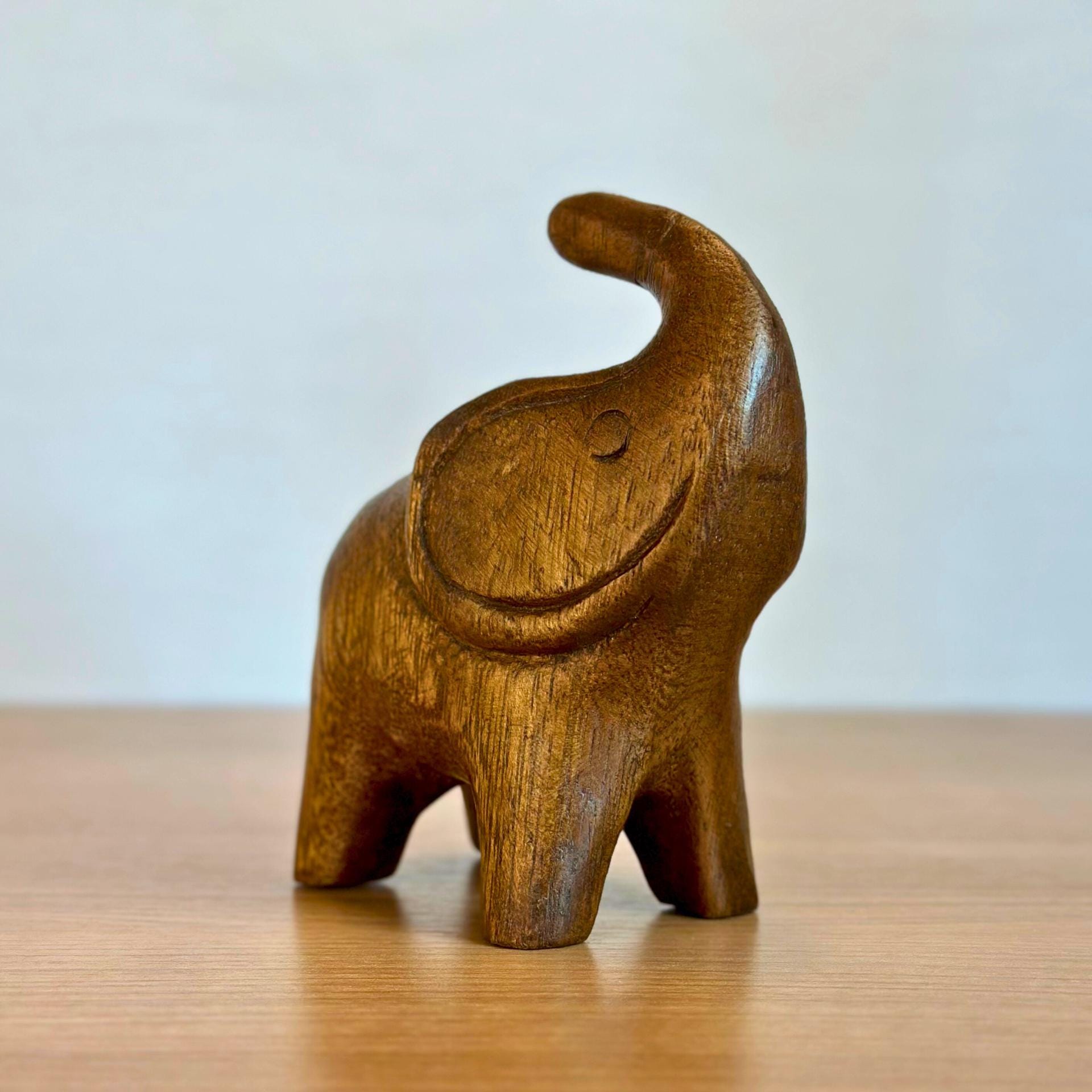 Wood Elephant Figurine | Handcarved Thai Lucky Elephant | Minimalist Wooden Animal Decor