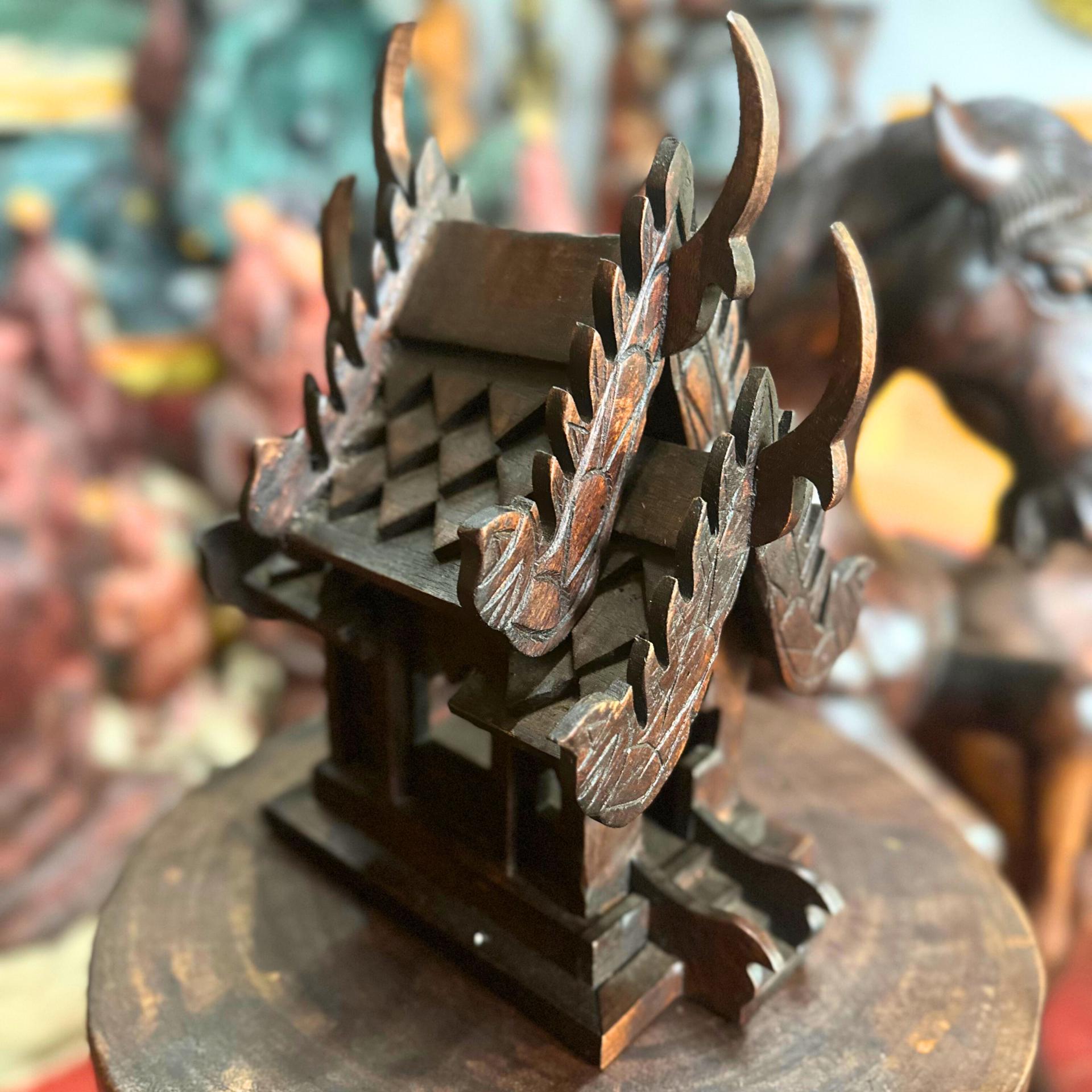 Handcrafted Teak Wood Spirit House: San Phra Phum Traditional Thai Folk Art Decor