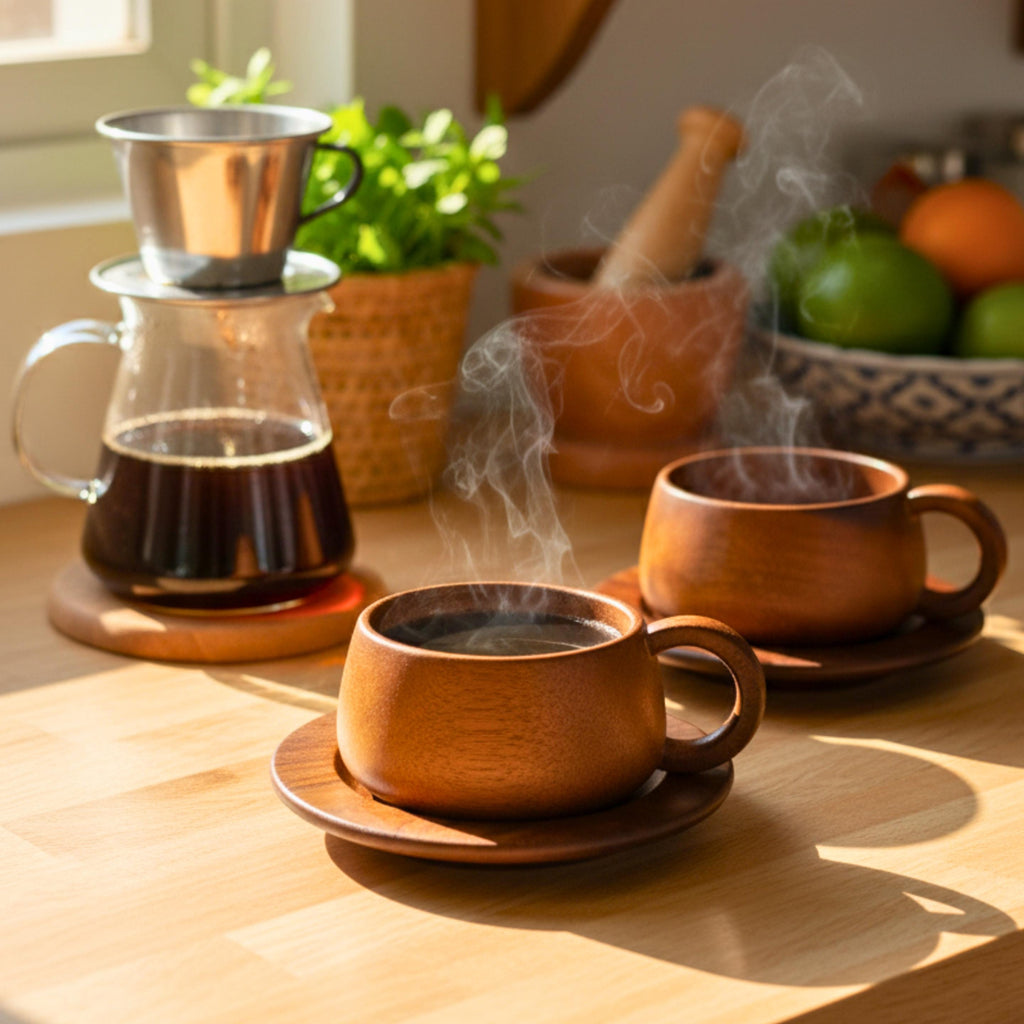 Hand Carved Wood Coffee Cup & Saucer: Rounded Minimalist Teaware Set