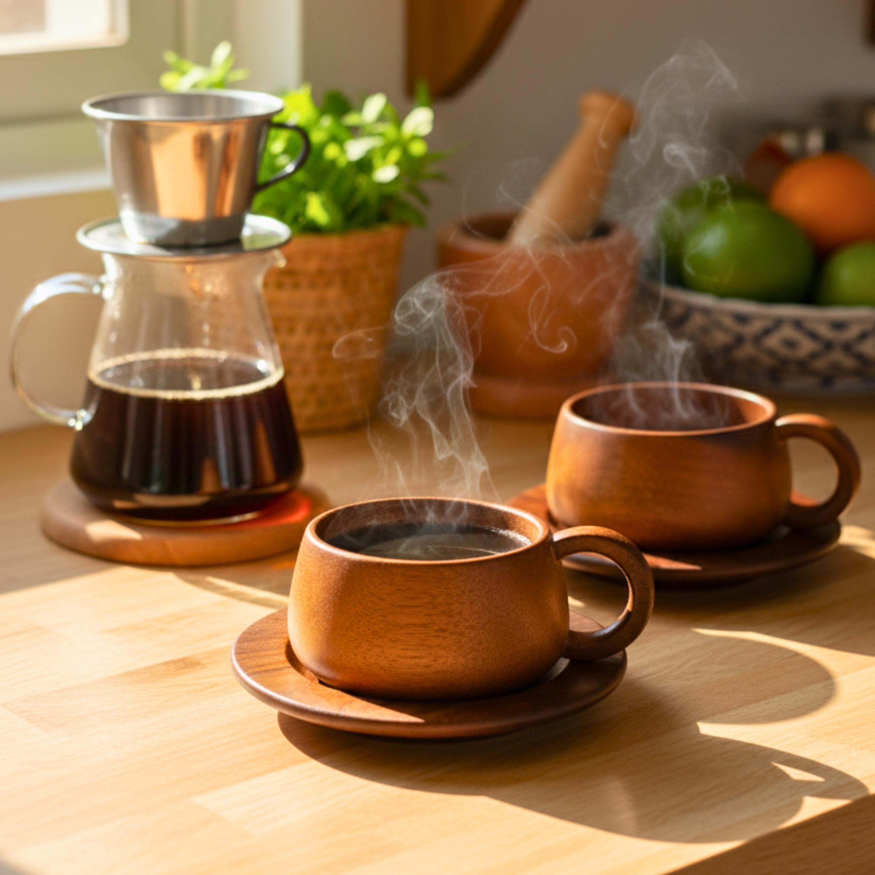 Hand Carved Wood Coffee Cup & Saucer: Rounded Minimalist Teaware Set