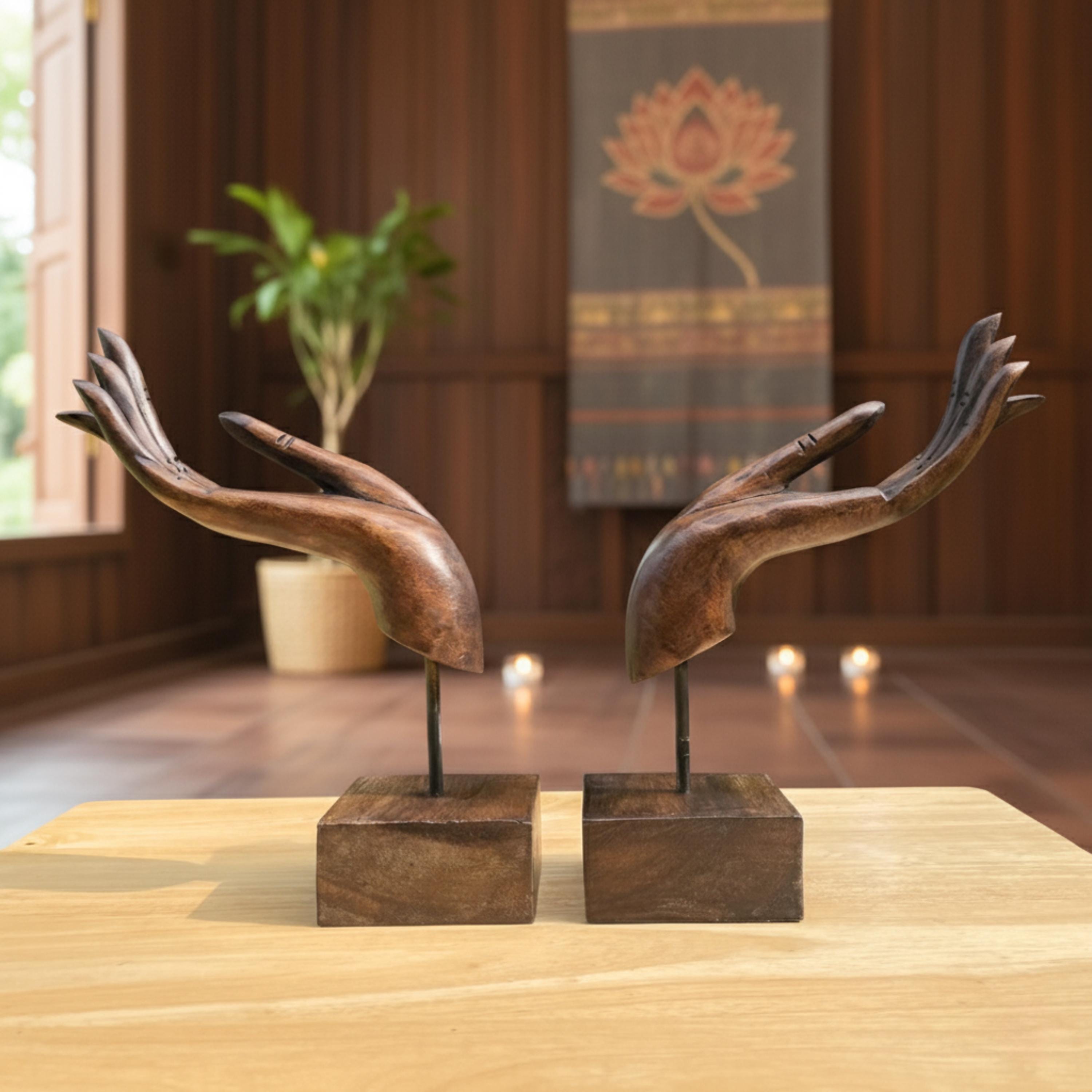 Hand Carved Wood Sculpture Set of 2: Dhyana Mudra Zen Decor