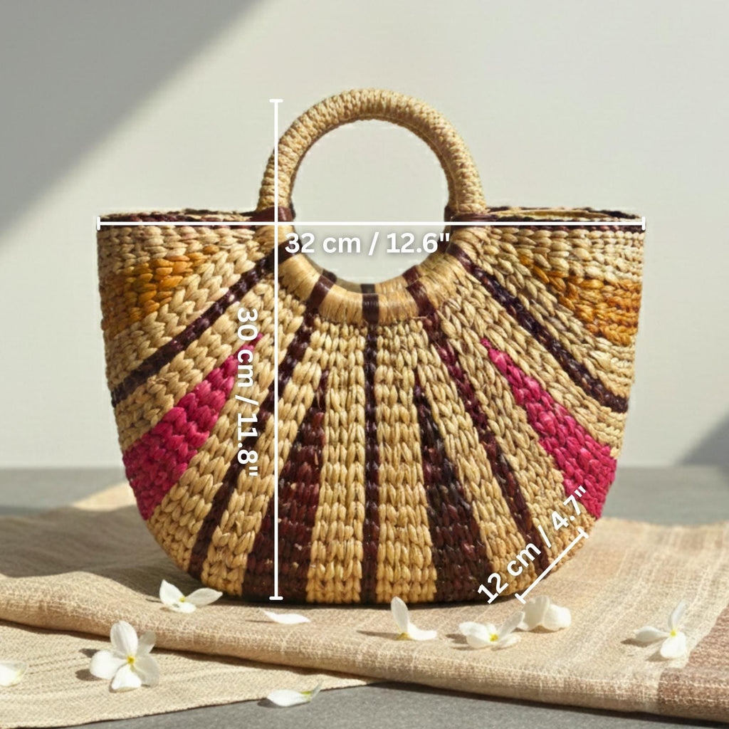 Hand Woven Wicker Handbag: Rustic Boho Tote with Round Handles