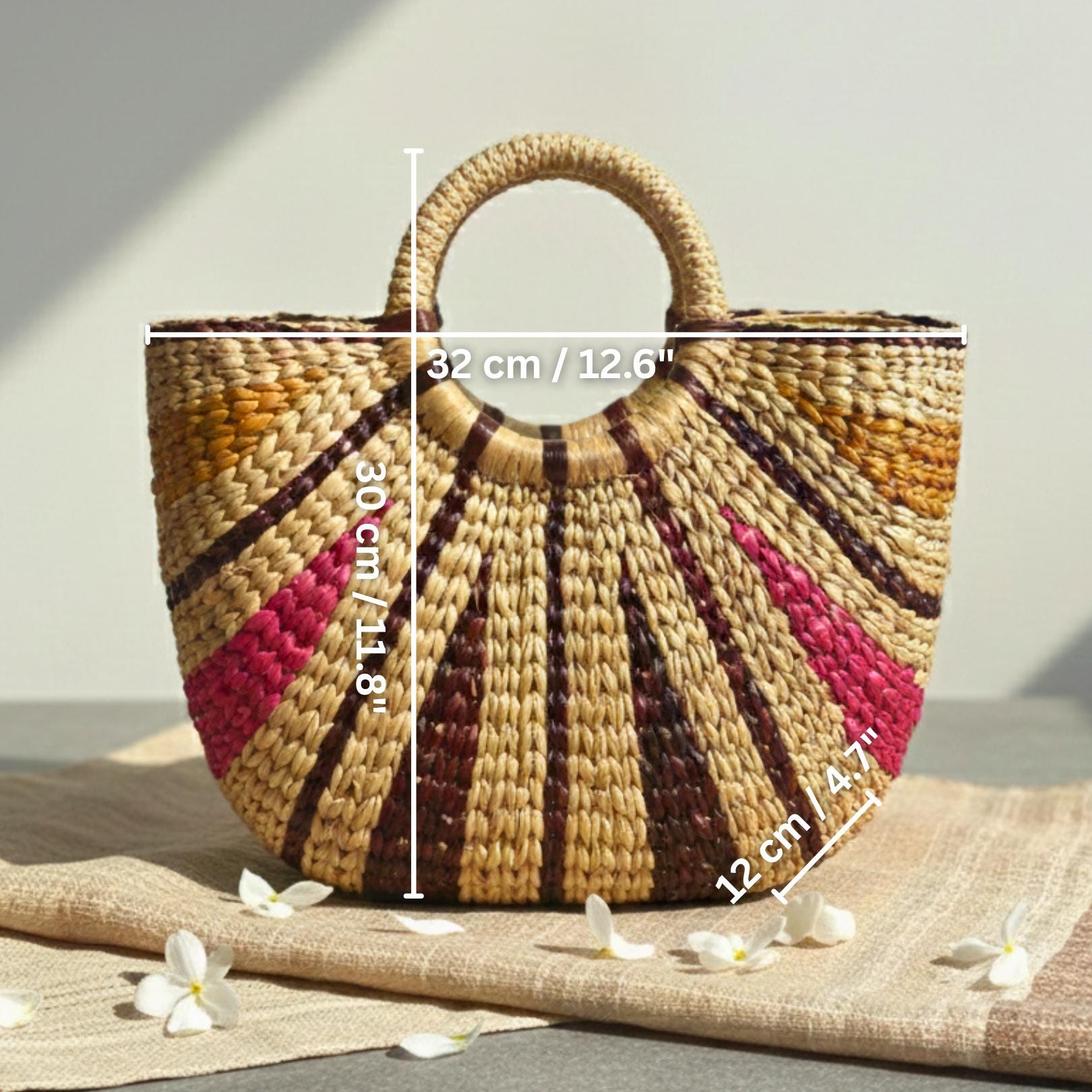 Hand Woven Wicker Handbag: Rustic Boho Tote with Round Handles