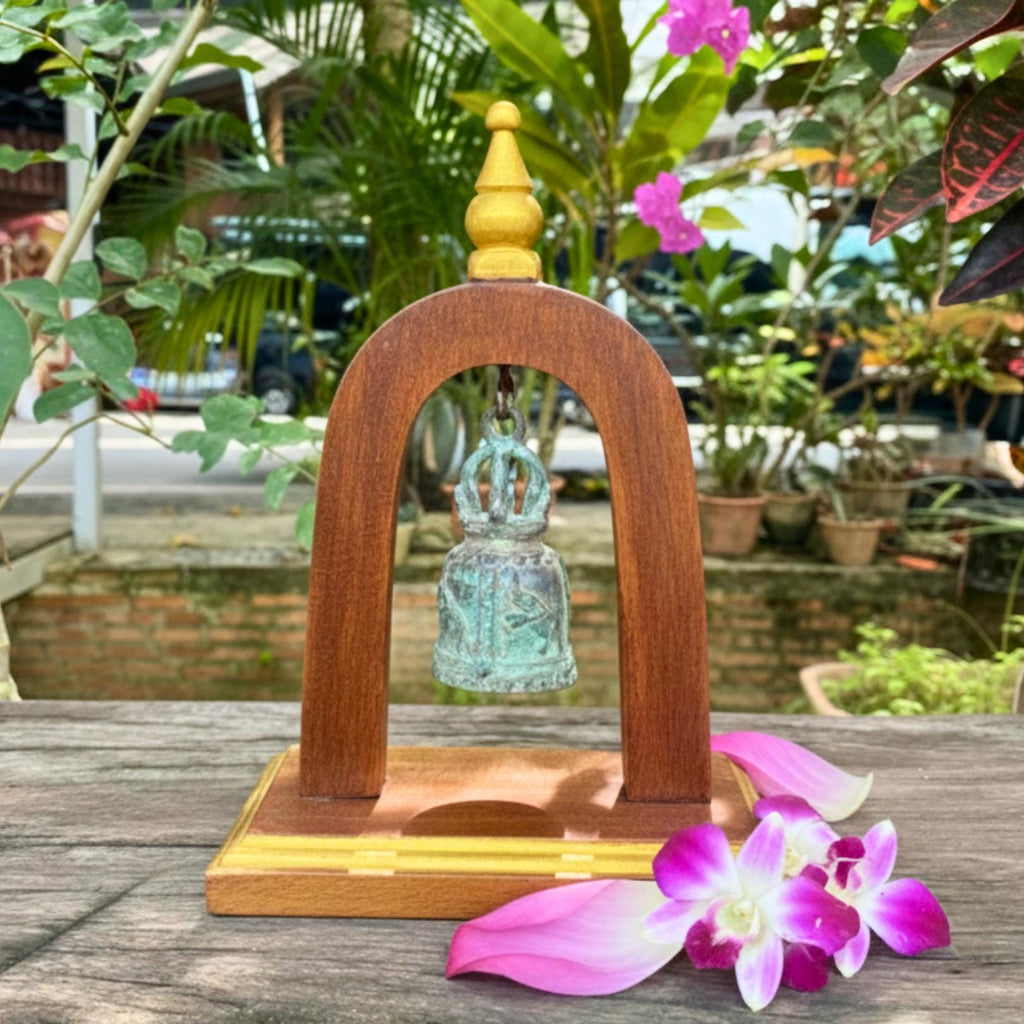 Handcrafted Wood Arch Bell Stand: Aged Brass Temple Bell Rustic Accent